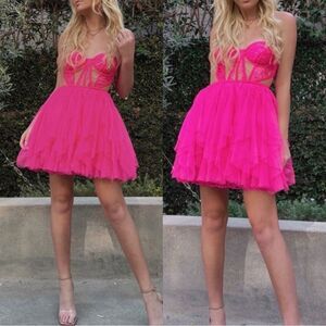 NWT For Love & Lemons Rosario Hot Pink Mini Bustier Dress XS